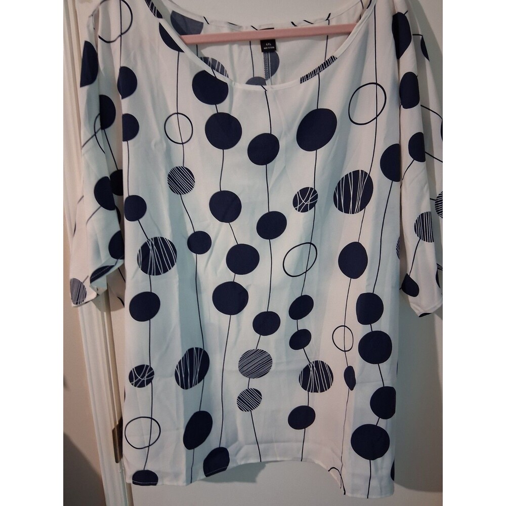 EMERY ROSE 4XL White/Blue Polka Dot 3/4 Sleeve Round Neck Pullover Blouse